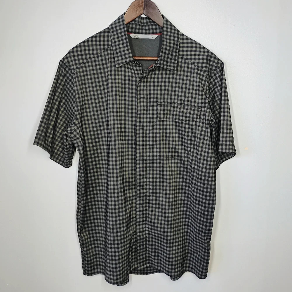 QOR Gingham Short Sleeve‎ Button Up Performance Stretch Shirt Mens Size Medium